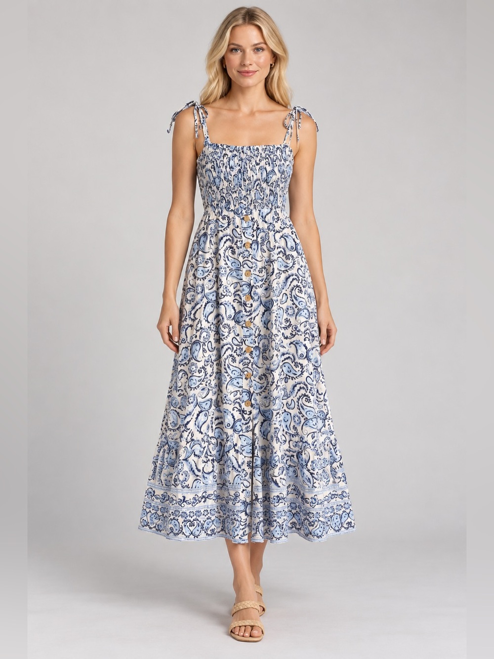 Zara Blue White Paisley Smocked Tie Strap Button Front Midi Dress M 57327